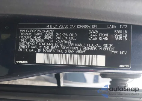 2013 Volvo Xc60 T6 from USA, damaged, VIN YV4902DZ6D2420218